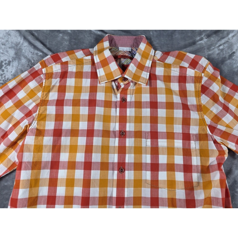 Signum Button Up Shirt Mens Medium Regular‎ Cut Gingham Check Red/Orange/White